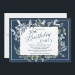 Convites Blue Garland 50th Festa de aniversário<br><div class="desc">É hora de comemorar e este convite é perfeito! Esta design apresenta um fundo azul escuro com uma elegante terra azul e verde,  acentuada com tipografia personalizada.</div>