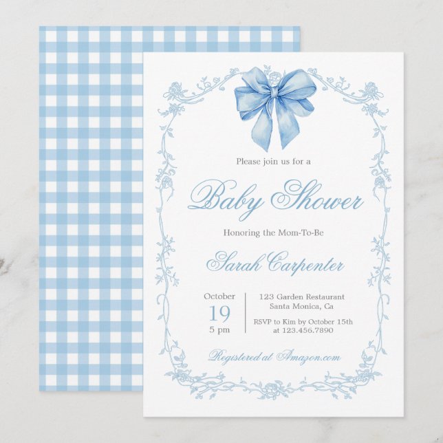 Convites Blue Gingham and Bow Baby Shower Boy (Frente/Verso)