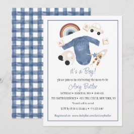 Convites Blue Gingham and Toys Baby Boy Shower Invitation