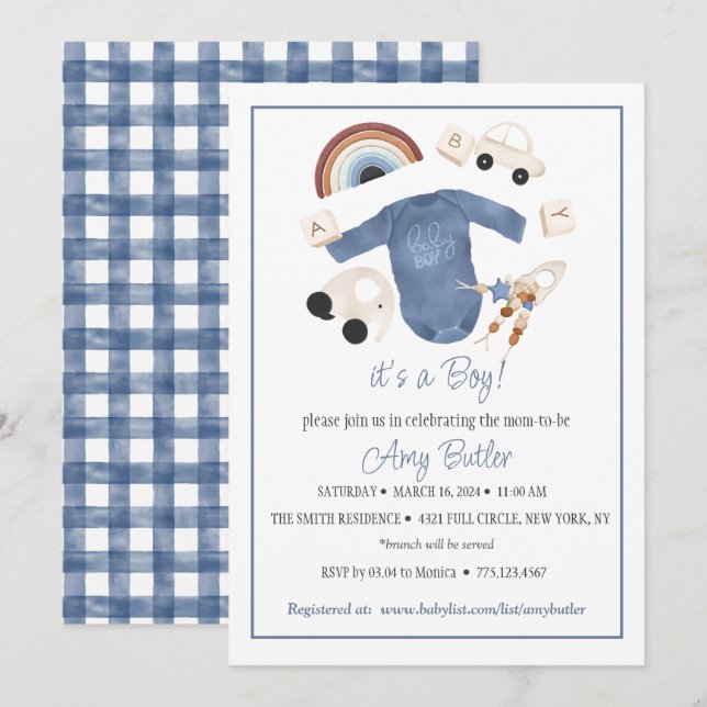 Convites Blue Gingham and Toys Baby Boy Shower Invitation (Frente/Verso)