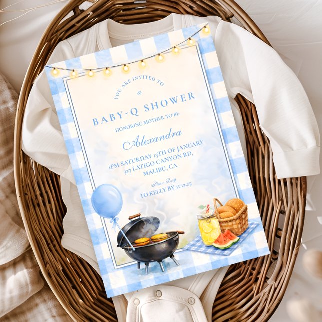 Convites Blue Gingham Baby Q Baby Shower (Criador carregado)