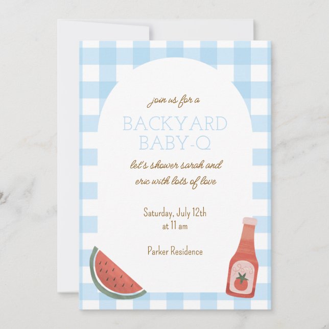 Convites Blue Gingham Baby-Q Baby Shower Invitation (Frente)