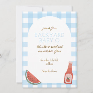 Convites Blue Gingham Baby-Q Baby Shower Invitation