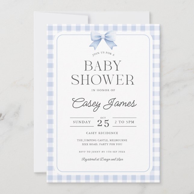 Convites Blue Gingham Baby Shower Invitation (Frente)