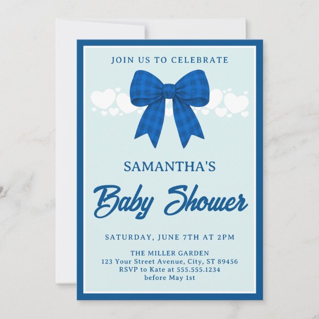 Convites Blue Gingham Bow Boy Baby Shower Invitation (Frente)