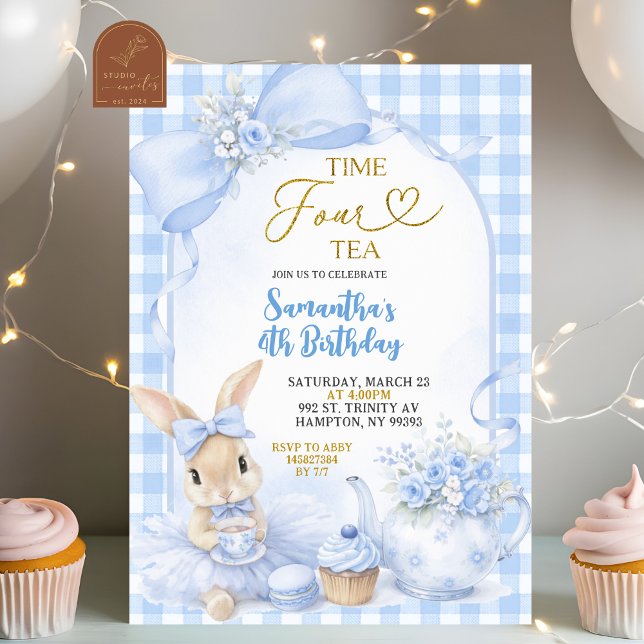 Convites Blue Gingham Bow Bunny Tea Party Fourth Birthday (Criador carregado)
