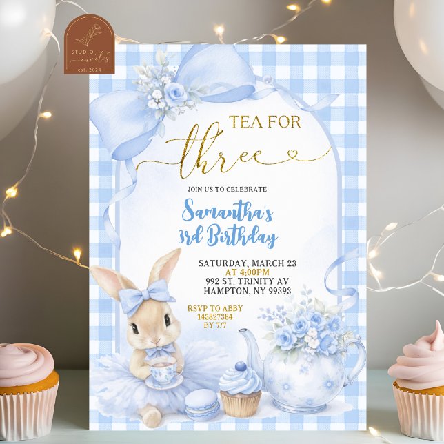 Convites Blue Gingham Bow Bunny Tea Party Third Birthday (Criador carregado)