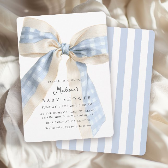 Convites Blue Gingham Bow Cute Baby Shower (Invitation may be ordered in both printed and instant download digital formats.)