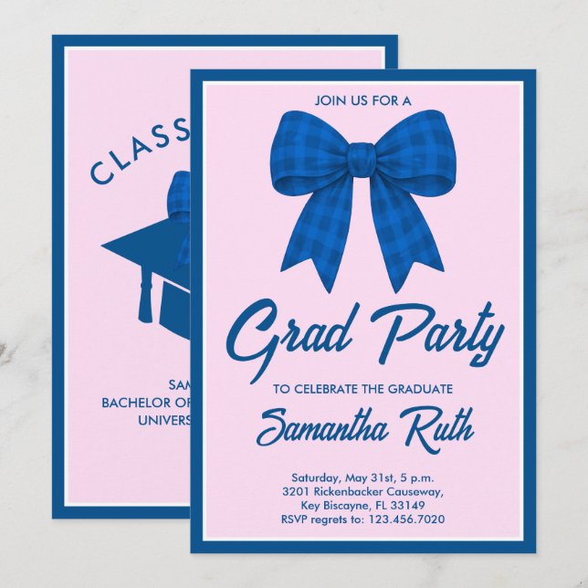 Convites Blue Gingham Bow Graduation Party (Frente/Verso)