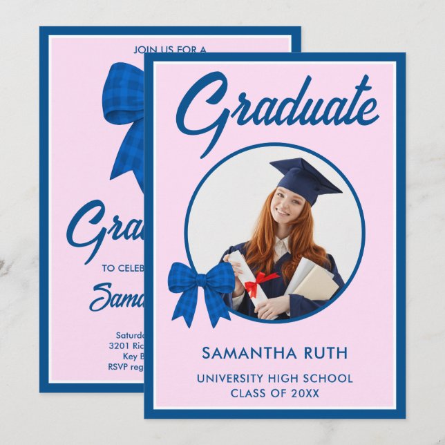 Convites Blue Gingham Bow Photo Graduation Party (Frente/Verso)