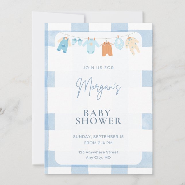 Convites Blue Gingham Boy Baby Shower Invitation (Frente)