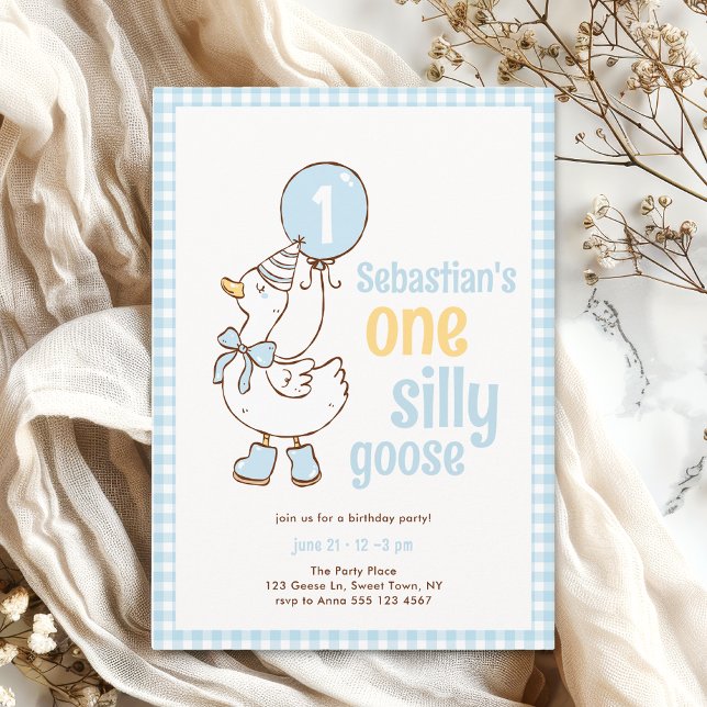 Convites Blue Gingham Boy One Silly Goose 1st Birthday (The front  of the invitation  is shown in 5x7-inch size. Choose size, paper, and corner style.)