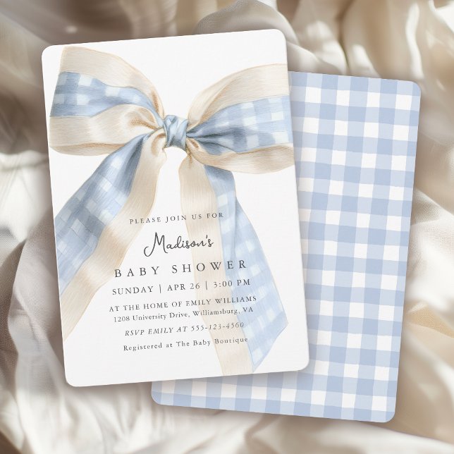 Convites Blue Gingham Checks Bow Cute Baby Shower (Criador carregado)