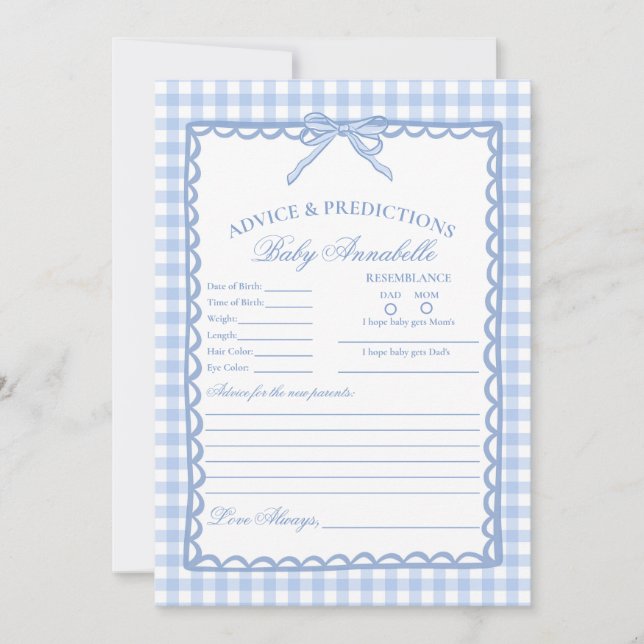 Convites Blue Gingham Coquette Bow Advice for Baby Card (Frente)