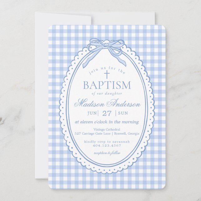 Convites Blue Gingham Coquette Bow Baptism (Frente)
