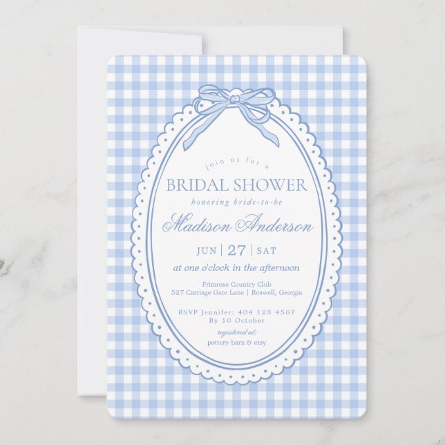 Convites Blue Gingham Coquette Bow Bridal Shower (Frente)