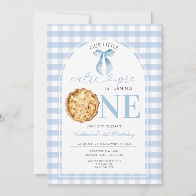 Convites Blue Gingham Cutie Pie First Birthday Invitation (Frente)