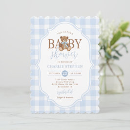 Convites Blue Gingham Elegant Teddy Bear Baby Shower