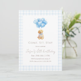 Convites Blue Gingham Golden Retriever Puppy Birthday