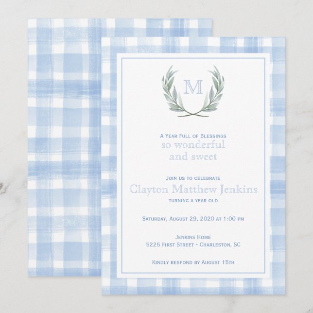 Convites Blue Gingham Laurel Crest Primeiro Aniversário (Frente/Verso)
