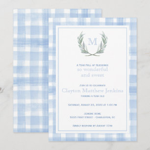 Convites Blue Gingham Laurel Crest Primeiro Aniversário
