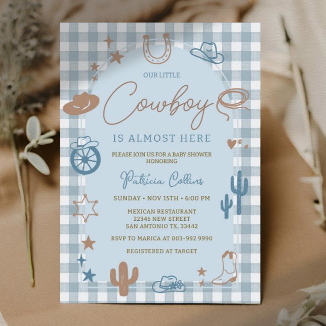Convites Blue Gingham Little Cowboy Wild West Baby Shower (Criador carregado)