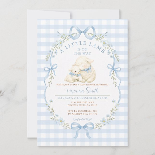Convites Blue Gingham Little Lamb Baby Shower Invitation (Frente)