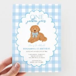 Convites Blue Gingham One Golden Year 1st Birthday Puppy