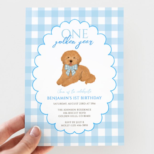 Convites Blue Gingham One Golden Year 1st Birthday Puppy (Criador carregado)