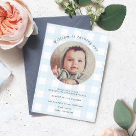 Convites Blue Gingham Photo Birthday