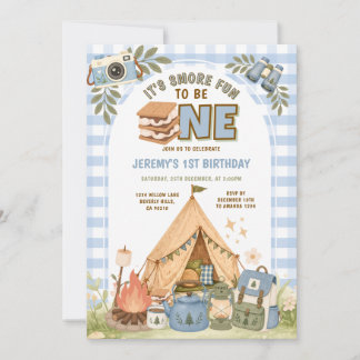 Convites Blue gingham S’more Fun to Be One First Birthday