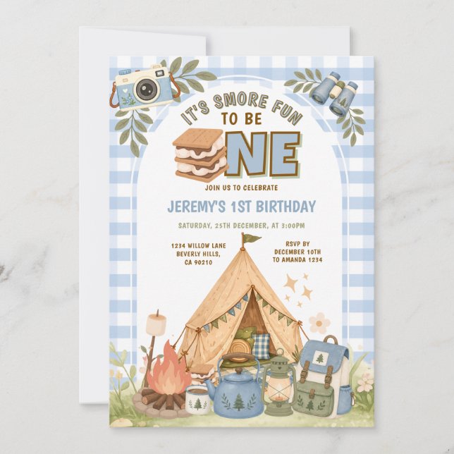 Convites Blue gingham S’more Fun to Be One First Birthday  (Frente)