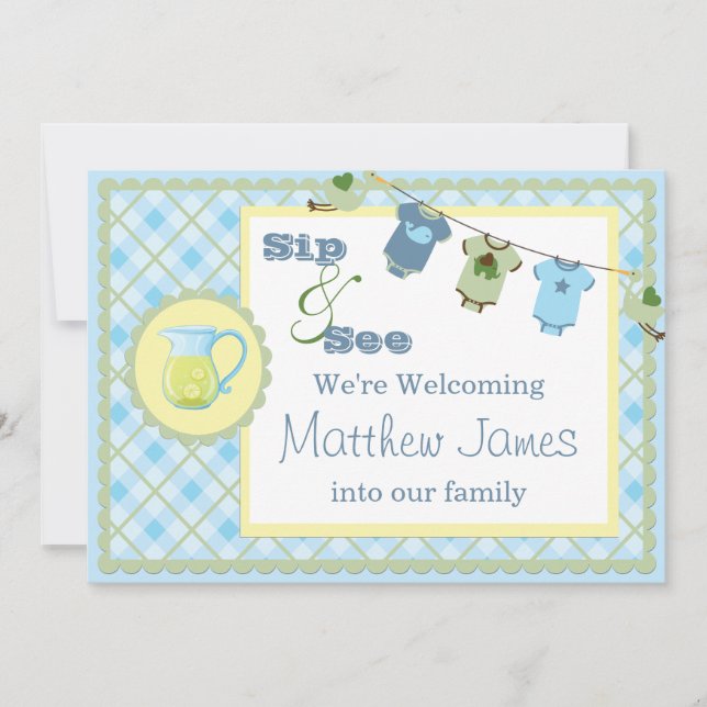 Convites Blue Gingham Sip and See Bunting Baby Invitation (Frente)