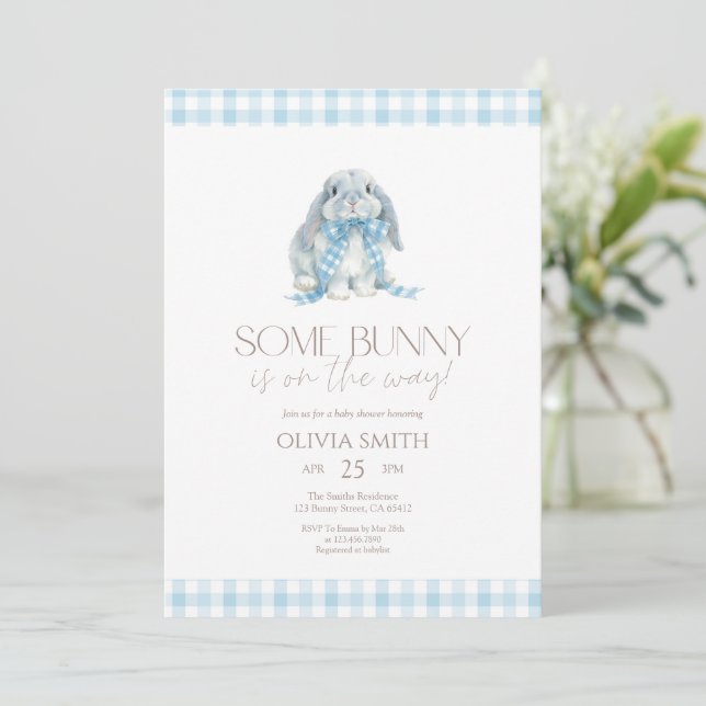 Convites Blue Gingham Some Bunny Baby Shower (Em pé/Frente)
