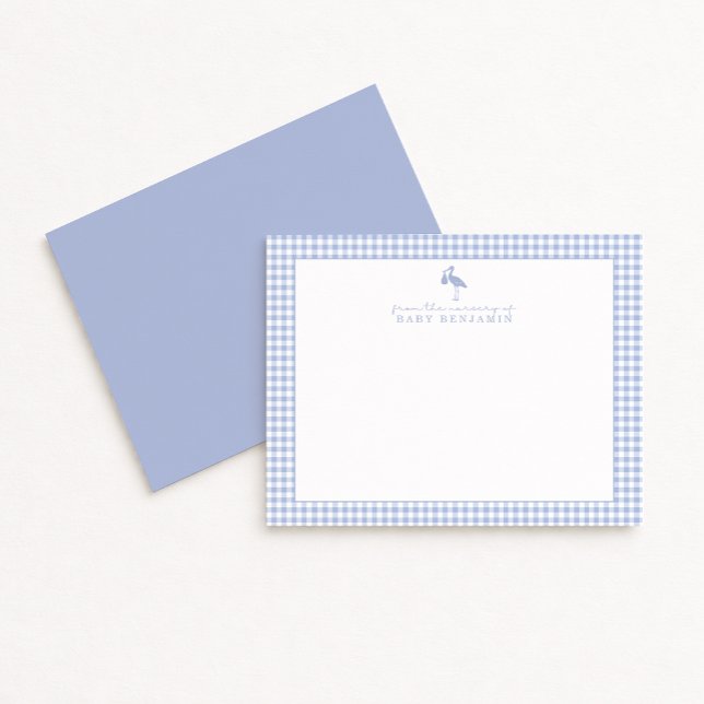Convites Blue Gingham Stork Nursery Note Card (Criador carregado)