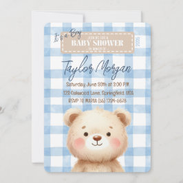 Convites Blue Gingham Teddy Bear