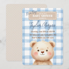 Convites Blue Gingham Teddy Bear