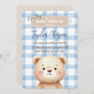 Convites Blue Gingham Teddy Bear