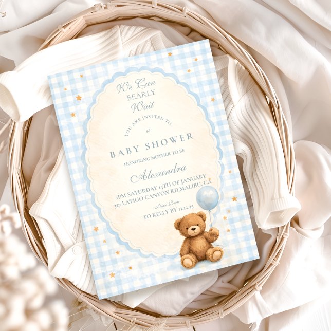 Convites Blue Gingham Teddy Bear Baby Shower (Criador carregado)