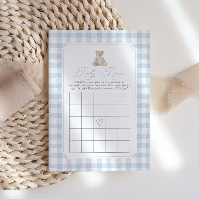 Convites Blue Gingham Teddy Bear Baby Shower Bingo Card (Criador carregado)