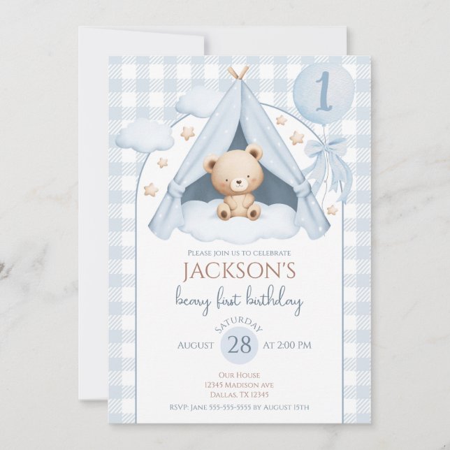 Convites Blue Gingham Teddy Bear Balloon Boy 1st Birthday (Frente)