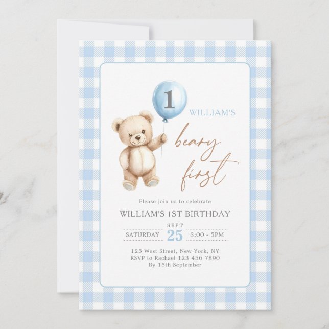 Convites Blue Gingham Teddy Bear Balloon Boy 1st Birthday (Frente)