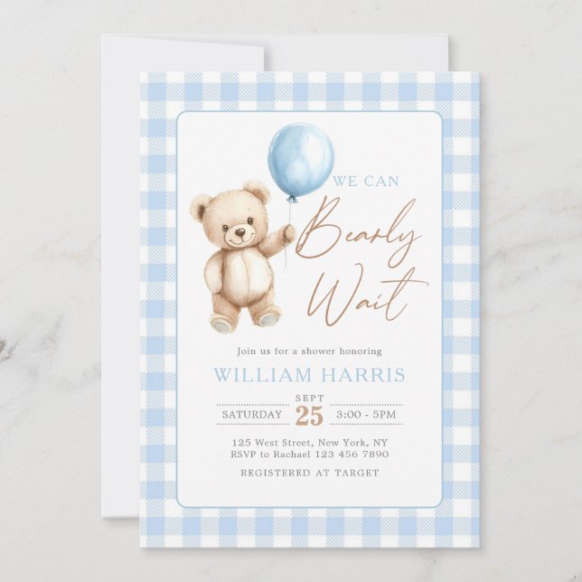 Convites Blue Gingham Teddy Bear Balloon Boy Baby Shower (Frente)