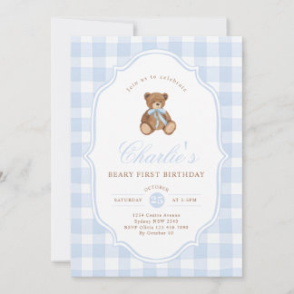 Convites Blue Gingham Teddy Bear Beary First Birthday