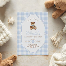 Convites Blue Gingham Teddy Bear Beary First Birthday