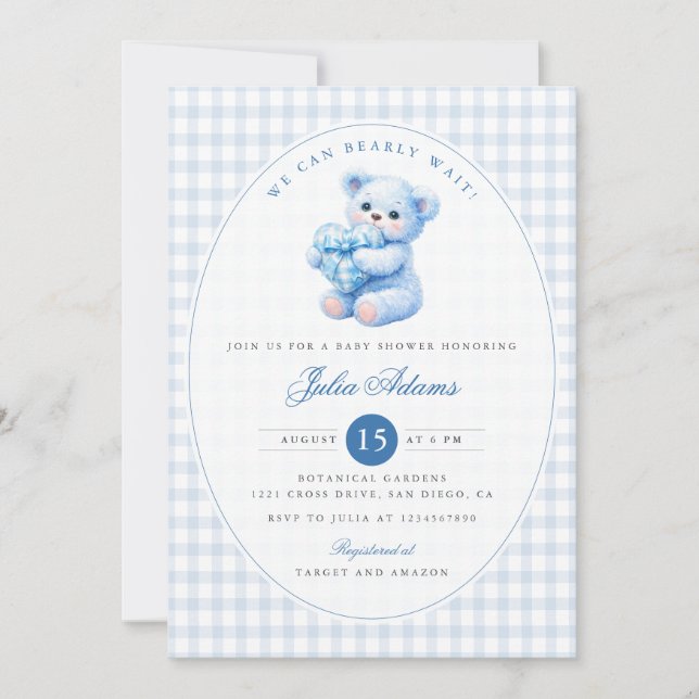 Convites Blue Gingham Teddy Bear Neutral Baby Shower (Frente)