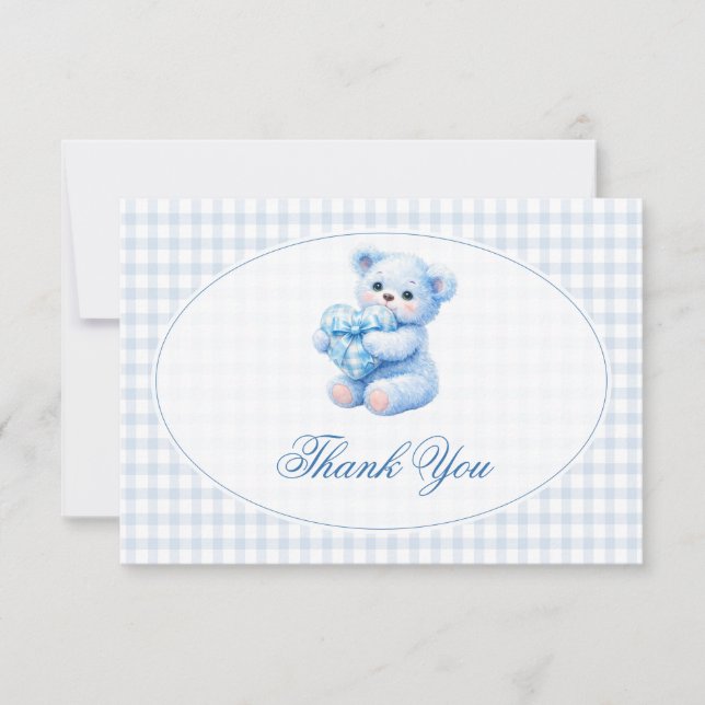 Convites Blue Gingham Teddy Bear Neutral Baby Shower (Frente)