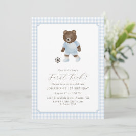Convites Blue Gingham Teddy Bear Soccer First Kick
