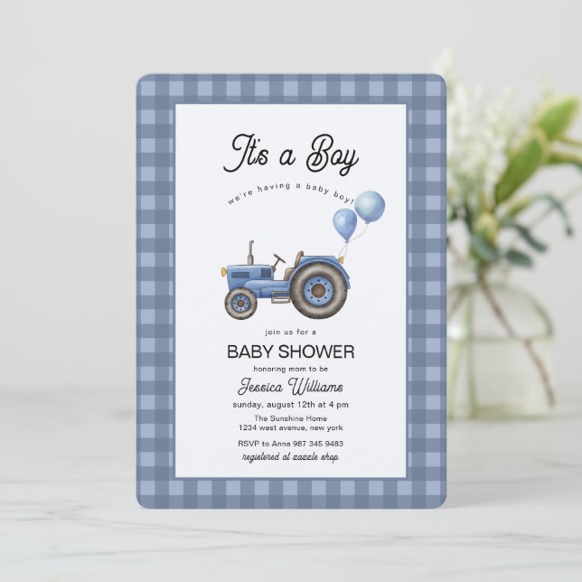 Convites Blue Gingham Tractor Balloon Baby Shower  (Em pé/Frente)