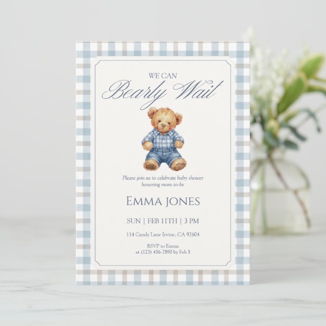 Convites Blue Gingham We Can Bearly Wait baby shower (Em pé/Frente)